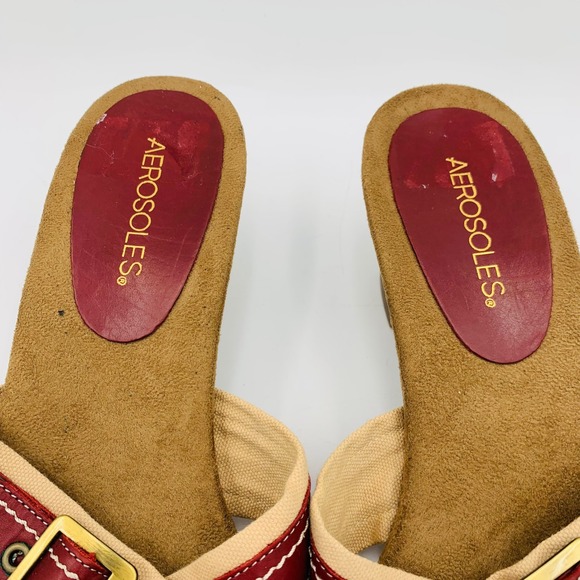 Aerosoles Women Sz 11 Red Beige Wedge Sandals Leather Heel Shoes Comfort Algebra - Picture 3 of 9